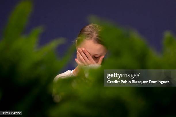 Swedish environment activist Greta Thunberg gestures during a conference with scientists at the COP25 Climate Conference on December 10, 2019 in...