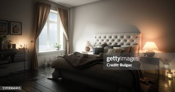 warm and cozy master bedroom - headboard stock pictures, royalty-free photos & images