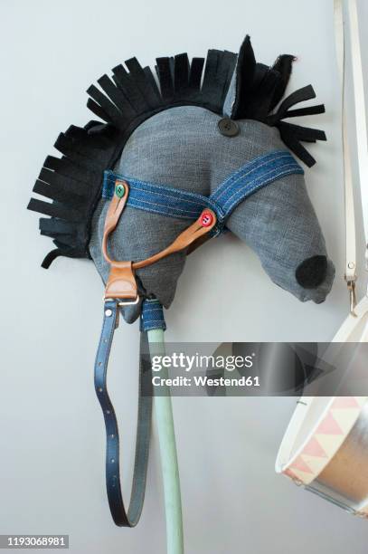 self-made hobbyhorse made from denim - hobby horse stock pictures, royalty-free photos & images