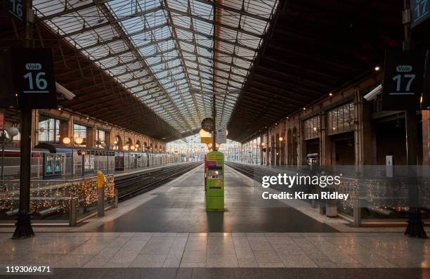 Empty platforms at Gare du Nord in Paris as strikes continue across France, causing transportation gridlock in the city, with 10 metro lines closed...