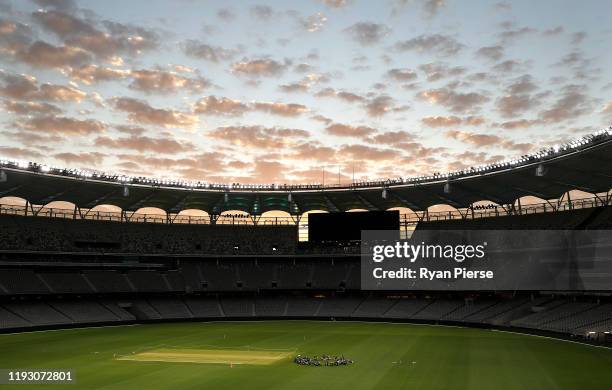 The Australian team meet on the pitch during an Australian Test team training session at Optus Stadium on December 10, 2019 in Perth, Australia.