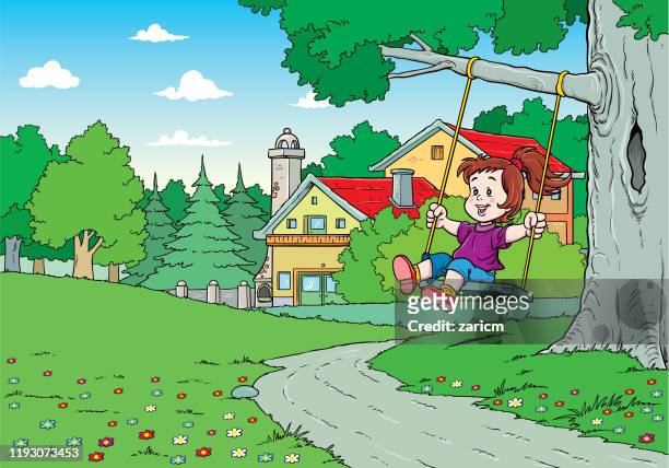 illustrations, cliparts, dessins animés et icônes de illustration de vecteur de la fille heureuse d'enfant riant et balançant sur une oscillation sous l'arbre - girl swing vector