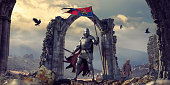 Medieval Knight In Armour With Flag and Sword Near Ruins