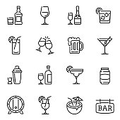 Alcohol drinks thin line vector icons set