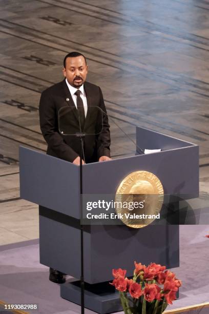 Ethiopia's Prime Minister and Nobel Peace Prize Laureate Abiy Ahmed Ali speaks on stage after being awarded with the Nobel Peace Prize during the...