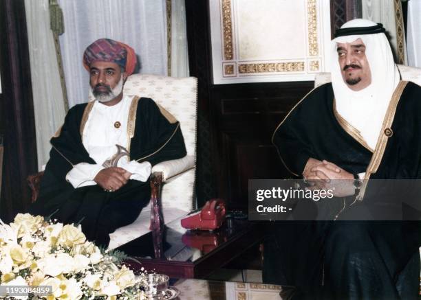 Oman's Sultan Qaboos bin Said meets Fahd bin Abdulaziz Al Saud, King Fahd of Saudi Arabia in 1987.