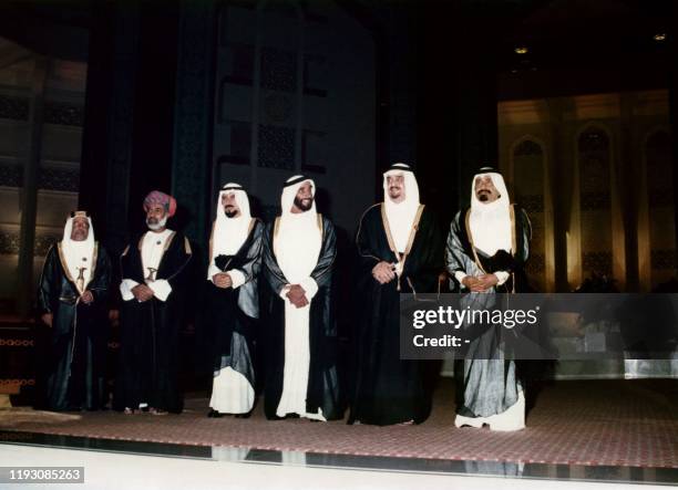 Sheikh Isa II bin Salman II Al Khalifa, Emir of Bahrain and Oman's Sultan Qaboos bin Said and Jaber Al-Ahmad Al-Sabah, Emir of Kuwait and Prince of...