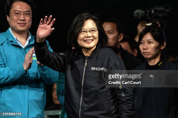 Tsai Ing-Wen waves as she walks on stage to address supporters after being re-elected as President of Taiwan on January 11, 2020 in Taipei, Taiwan....