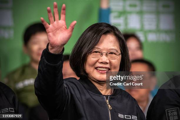 Tsai Ing-Wen waves after addressing supporters following her re-election as President of Taiwan on January 11, 2020 in Taipei, Taiwan. Tsai Ing-Wen...