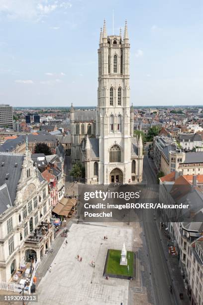 view from belfort tower to sint baafsplein square and saint bavo cathedral, binnenstad, ghent, flanders, belgium - binnenstad stock-fotos und bilder