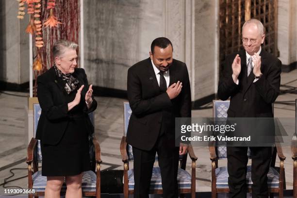 Chairman of the Norwegian Nobel Committee Berit Reiss-Andersen, Ethiopia's Prime Minister and 2019 Nobel Peace Prize Laureate Abiy Ahmed Ali and...