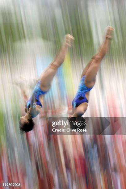 Wang Hao and Chen Ruolin of the People's Republic of China compete in the Women's 10m Platform Synchro Final during Day Three of the 14th FINA World...