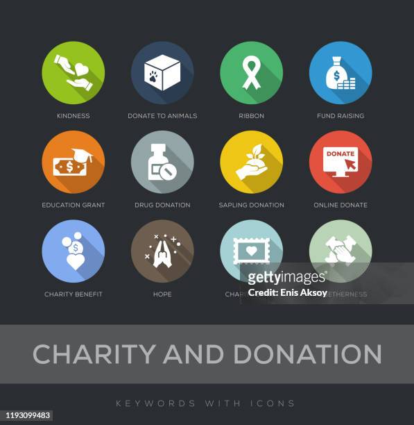 illustrazioni stock, clip art, cartoni animati e icone di tendenza di set di icone di design piatto di beneficenza e donazione - organizzazione no profit