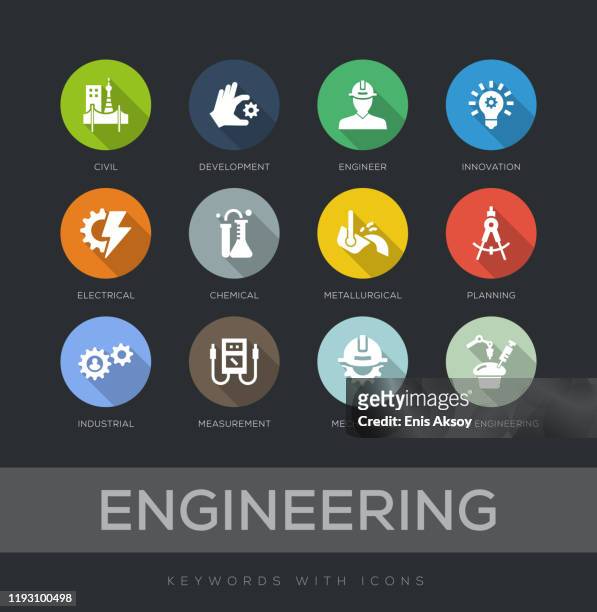 engineering flat design icon set - maschinenbau stock-grafiken, -clipart, -cartoons und -symbole