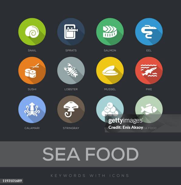 ilustrações, clipart, desenhos animados e ícones de conjunto de ícones de design plano de alimentos do mar - uge