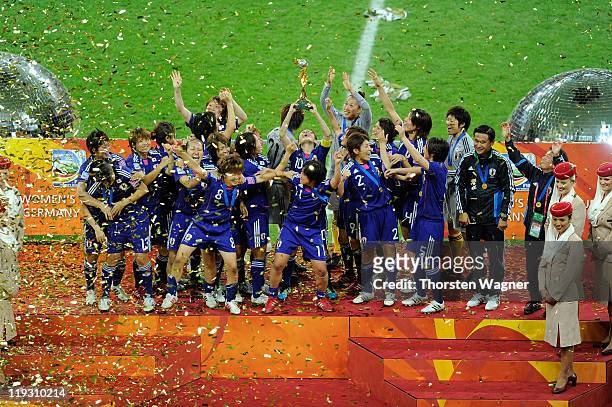 The team of Japan celebrates after winning the FIFA Womens's World Cup Final between the United States of America and Japan at FIFA Word Cup stadium...