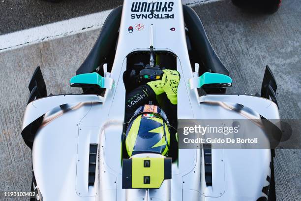 Valentino Rossi of Italy and Yamaha Factory Racing at the wheel of the Mercedes-AMG F1 W08 EQ Power+ during the #LH44VR46 test at Ricardo Tormo...