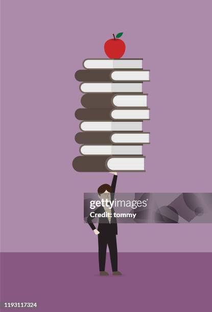 stockillustraties, clipart, cartoons en iconen met zakenman lift stack van boek en apple - student loan