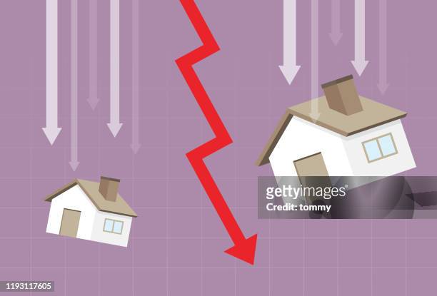 house and red arrow going down - deterioration stock illustrations