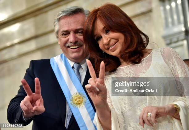 Argentina President-elect Alberto Fernandez and Argentina Vice President-elect Cristina Fernández de Kirchner gesture during the presidential...