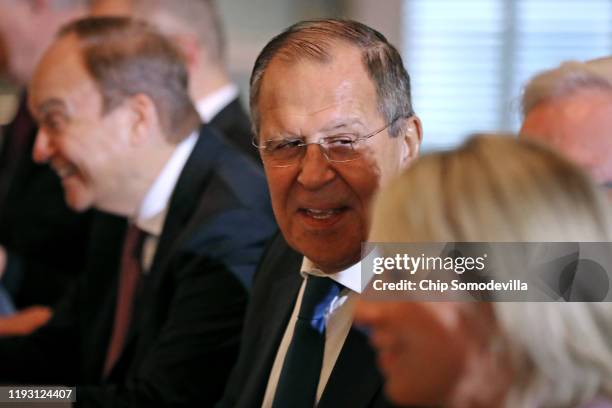 Russian Foreign Minister Sergey Lavrov sits down for a meeting with U.S. Secretary of State Mike Pompeo in the Jefferson Room at the State Department...