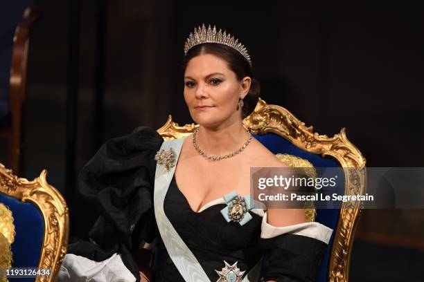 Crown Princess Victoria of Sweden attends the Nobel Prize Awards Ceremony at Concert Hall on December 10, 2019 in Stockholm, Sweden.