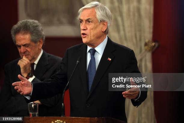 President of Chile Sebastián Piñera speaks at La Moneda Palace during Human Rights Day on December 10, 2019 in Santiago, Chile. According to the...