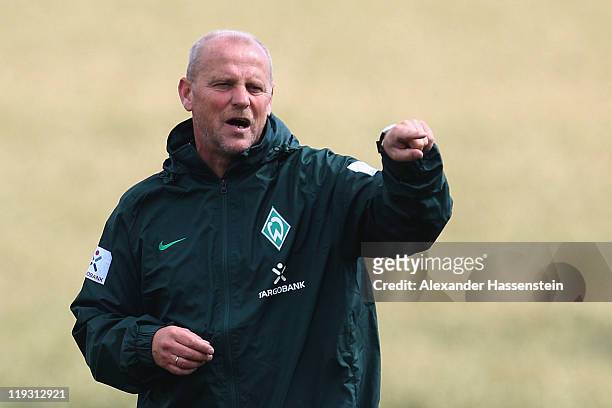 Thomas Schaaf, head coach of Bremen gives instructions during the Werder Bremen training session on July 18, 2011 in Donaueschingen, Germany.