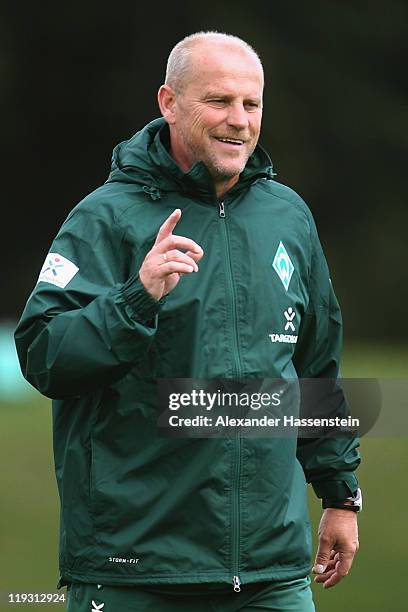 Thomas Schaaf, head coach of Bremen gives instructions during the Werder Bremen training session on July 18, 2011 in Donaueschingen, Germany.