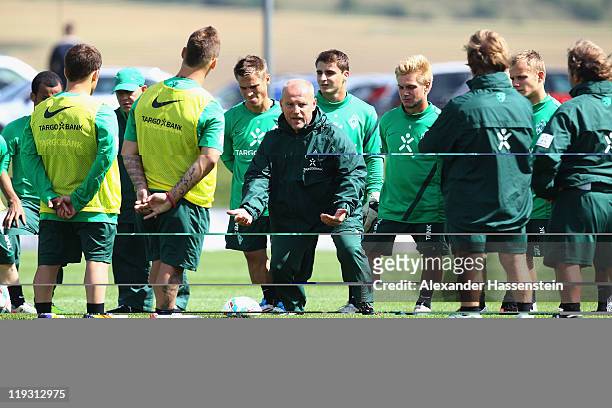 Thomas Schaaf , head coach of Bremen gives instructions to his players during the Werder Bremen training session on July 18, 2011 in Donaueschingen,...