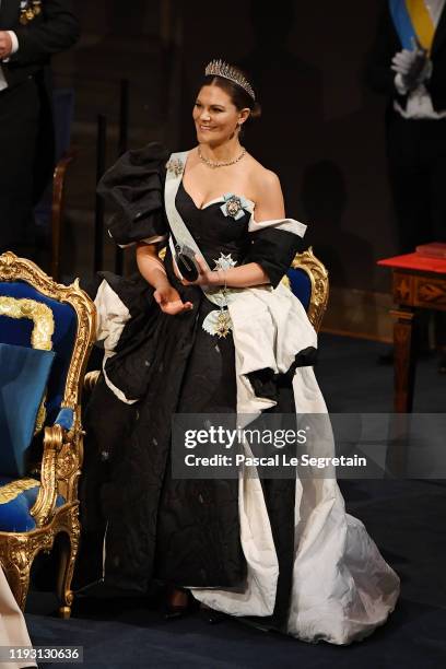 Crown Princess Victoria of Sweden attends the Nobel Prize Awards Ceremony at Concert Hall on December 10, 2019 in Stockholm, Sweden.