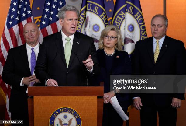 House Minority Leader Rep. Kevin McCarthy defends U.S. President Donald Trump during the weekly Republican leadership press conference December 10,...
