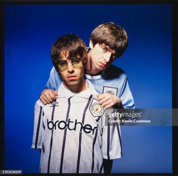 British singer Liam Gallagher and his brother, British guitarist Noel Gallagher , of British rock group Oasis, Portsmouth, UK, 9th May 1994; they are...