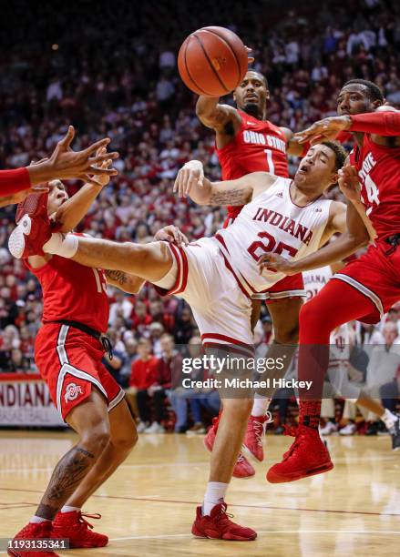 Race Thompson of the Indiana Hoosiers loses the ball as he shoot during the first half against the Ohio State Buckeyes at Assembly Hall on January...