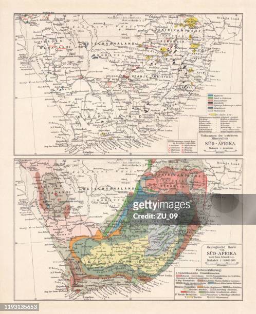 geologische karten von südafrika, lithograp, veröffentlicht 1900 - gold edelmetall stock-grafiken, -clipart, -cartoons und -symbole