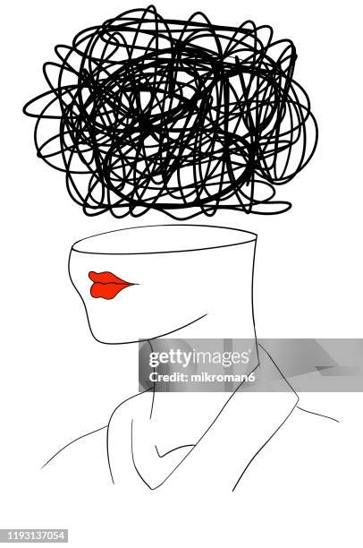 inside a woman head, concept confusion - brain thinking goal setting stock pictures, royalty-free photos & images