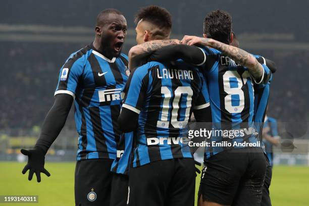Lautaro Martinez of FC Internazionale celebrates with his team-mate Romelu Lukaku after scoring the opening goal during the Serie A match between FC...