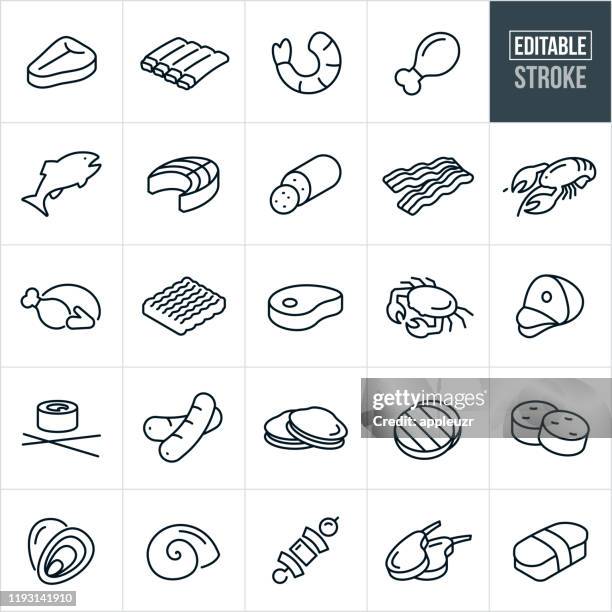 ilustrações de stock, clip art, desenhos animados e ícones de meats and seafood thin line icons - editable stroke - costeleta comida