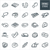 Meats and Seafood Thin Line Icons - Editable Stroke