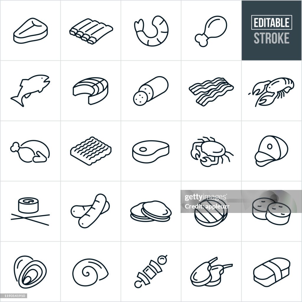 Meats and Seafood Thin Line Icons - Editable Stroke