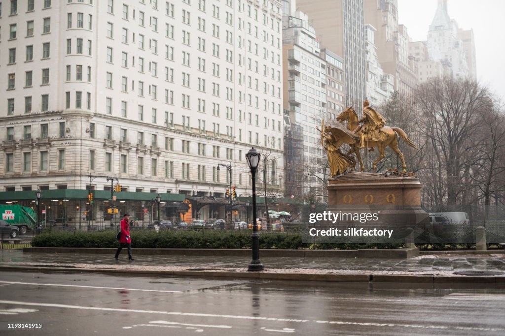 It is raining on an overcast winter day on 5th Avenue on Manhatten in New York City