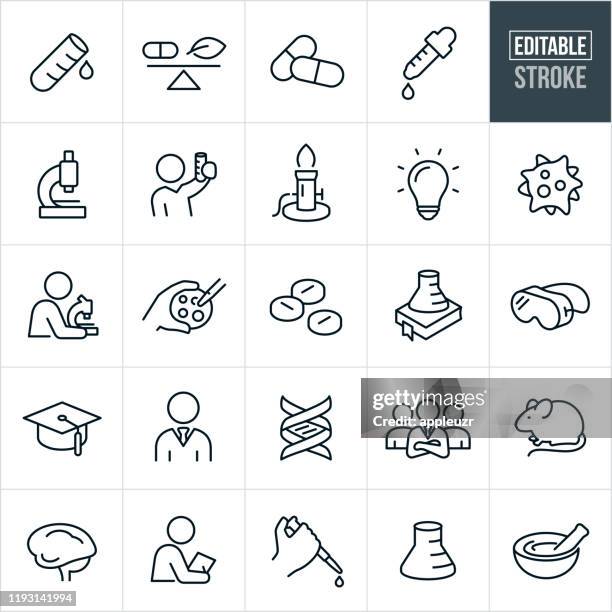 illustrazioni stock, clip art, cartoni animati e icone di tendenza di icone della linea sottile della scienza biomedica - tratto modificabile - biochimica