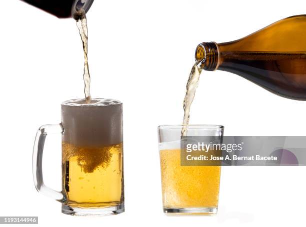 beer glass and pitcher on a white background. - beer pour stock pictures, royalty-free photos & images