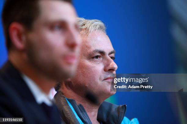 Jose Mourinho, head coach of Tottenham Hotspur, looks on during a press conference at Allianz Arena on December 10, 2019 in Munich, Germany....