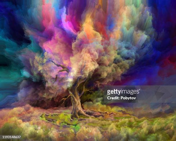 magic tree, fairytale illustration - oak woodland stock illustrations