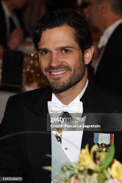 Prince Carl Phillip of Sweden attends the Nobel Prize Banquet 2018 at City Hall on December 10, 2019 in Stockholm, Sweden.