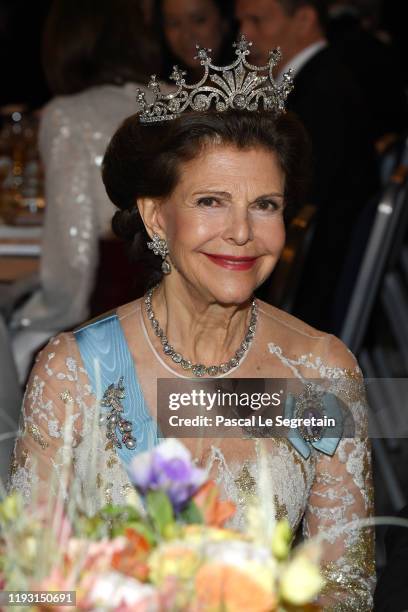 Queen Silvia of Sweden attends the Nobel Prize Banquet 2018 at City Hall on December 10, 2019 in Stockholm, Sweden.