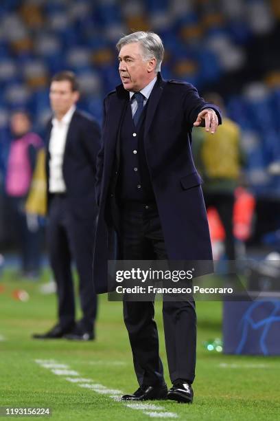 Carlo Ancelotti SSC Napoli coach gestures during the UEFA Champions League group E match between SSC Napoli and KRC Genk at Stadio San Paolo on...
