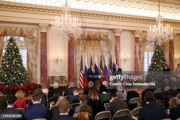 Russian Foreign Minister Sergey Lavrov and U.S. Secretary of State Mike Pompeo hold a joint news conference in the Franklin Room at the State...