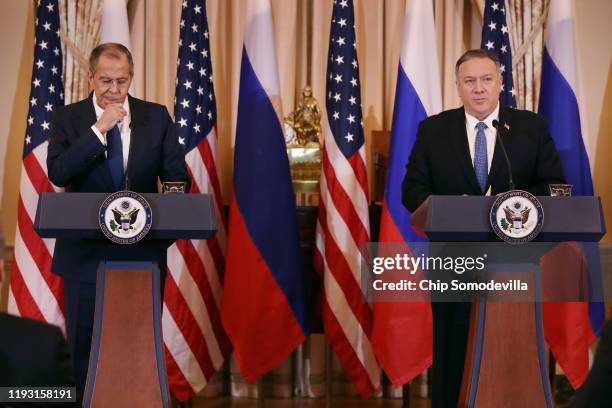 Russian Foreign Minister Sergey Lavrov and U.S. Secretary of State Mike Pompeo hold a joint news conference in the Franklin Room at the State...